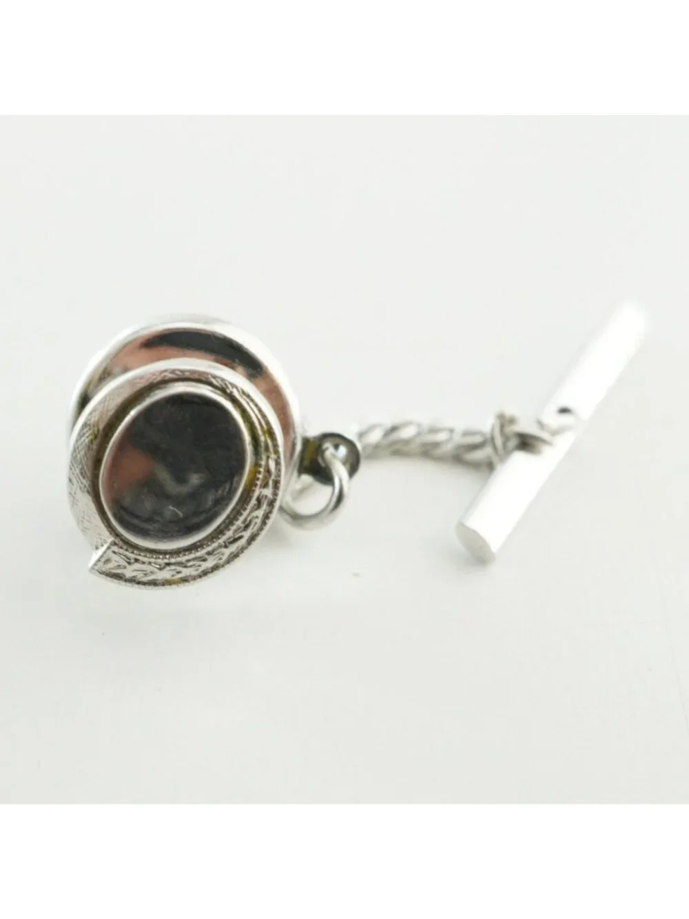 Vintage Silver Tone Oval Tie Chain Tie Tack T Bar Back Minimalist Design
